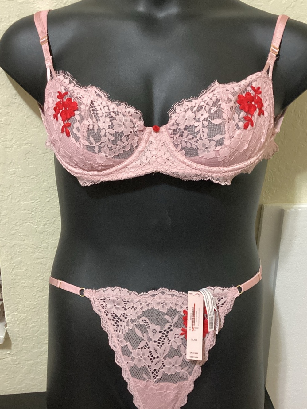 Victoria's Secret Pink Lace Bra and Thong Set with Red Floral Appliqué